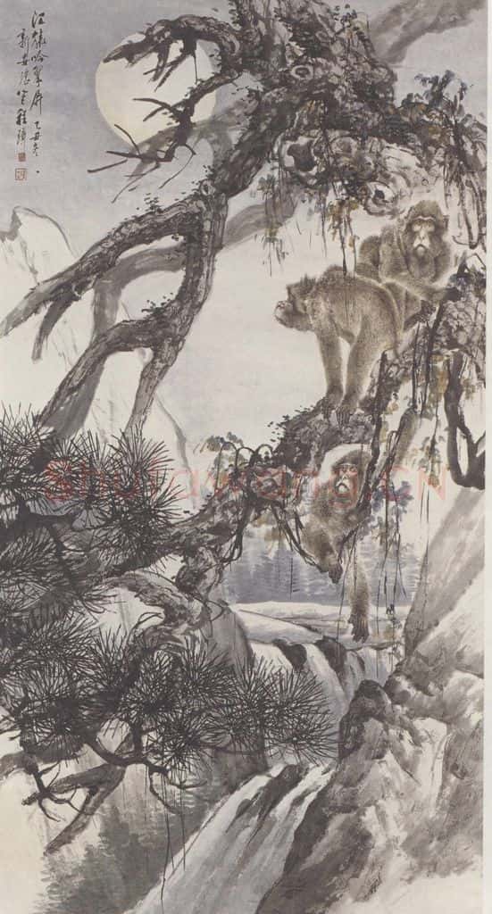 清 程璋《江猿吟翠图》书画作品
