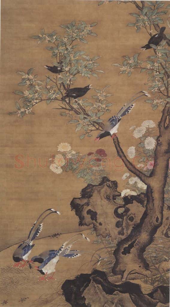 明代 吕纪《桂菊山禽图》书画作品
