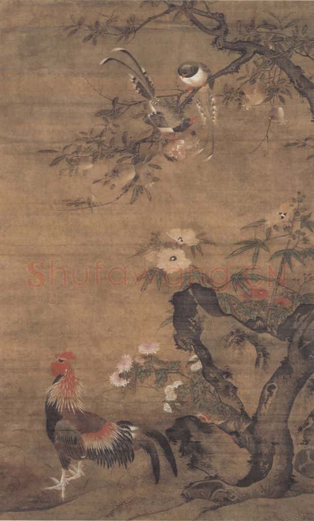 明代 吕纪《榴葵绶鸡图》书画作品