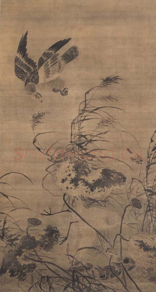 明代 吕纪《残荷鹰鹭图》书画作品