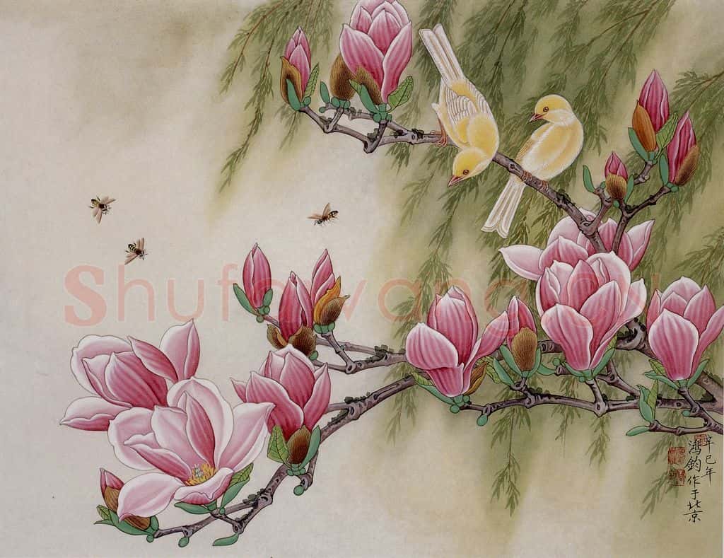 2001年 金鸿钧《辛夷玉鸟》书画作品