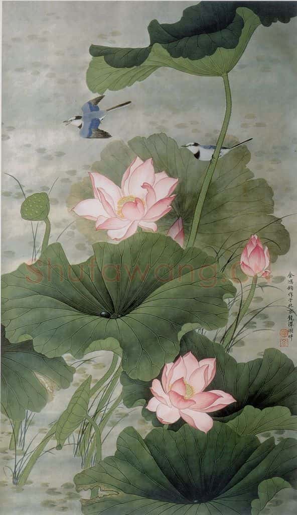 1985年 金鸿钧《荷花鹡鸰》书画作品