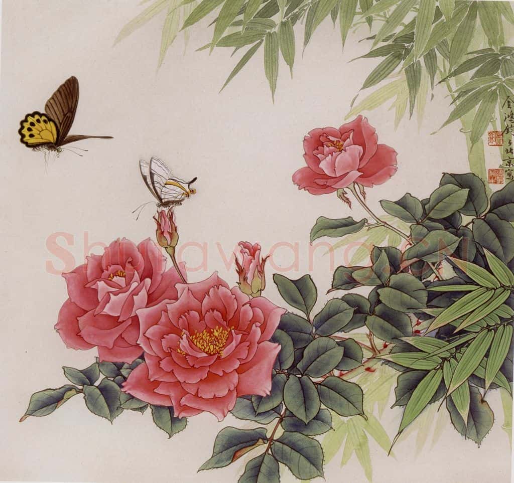 1981年 金鸿钧《月季双蝶》书画作品