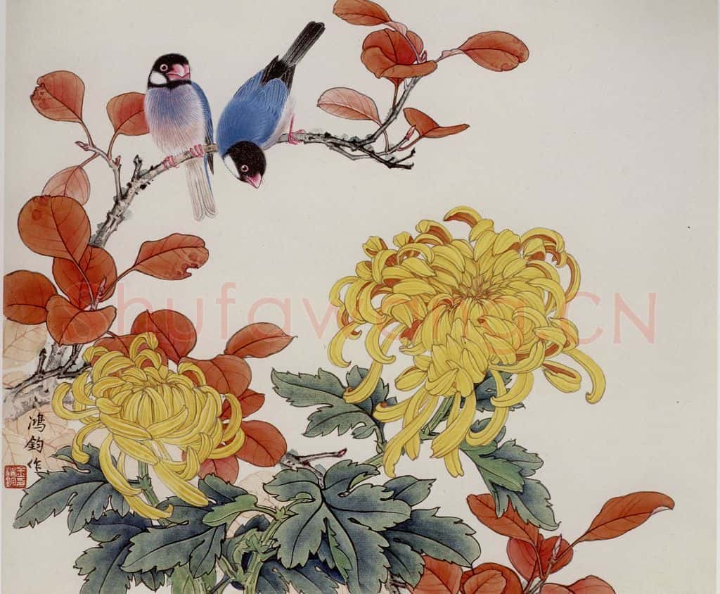1981年 金鸿钧《菊花文鸟》书画作品