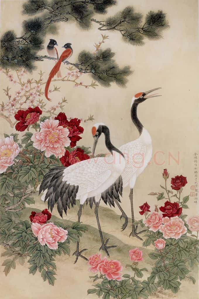 1984年 金鸿钧《松鹤牡丹》书画作品