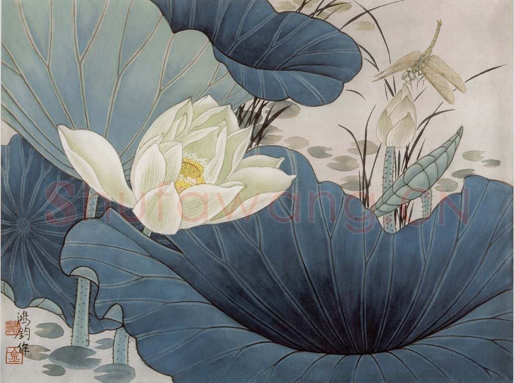 1989年 金鸿钧《白荷蜻蜓》书画作品