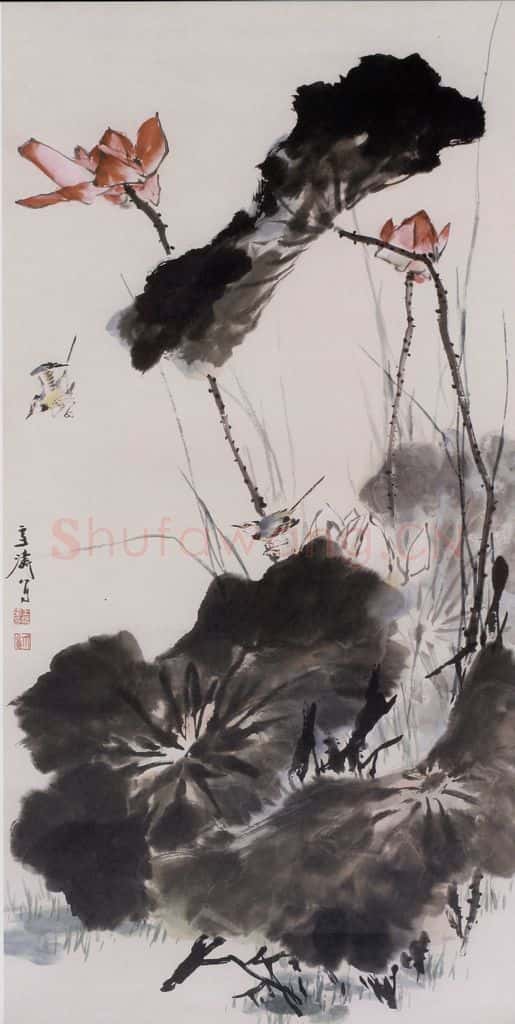 王雪涛《荷花小鸟》书画作品