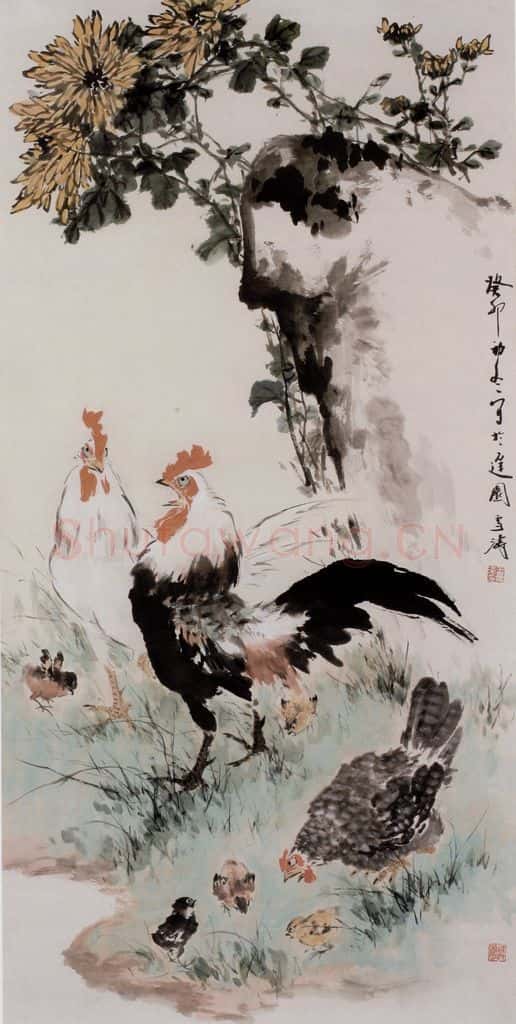 王雪涛《群鸡菊石图》书画作品