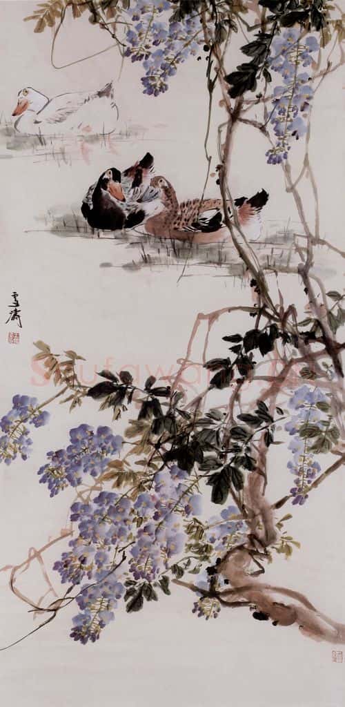 王雪涛《紫藤三鸭图》书画作品