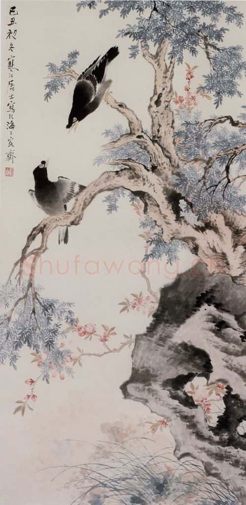 江寒汀《桃花八哥》书画作品