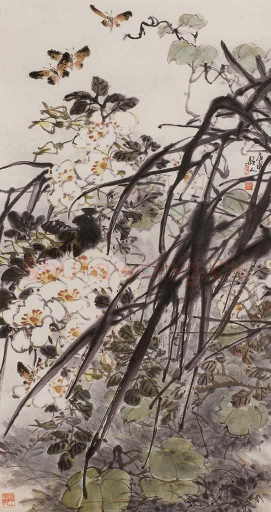 1980年 朱颖人《花开时节引蝶飞来》书画作品