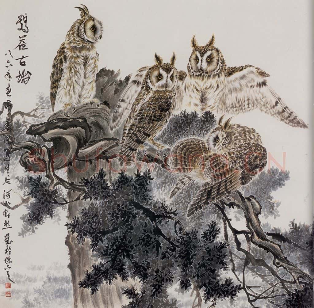 1986年 段忻然《鸮临古城》书画作品