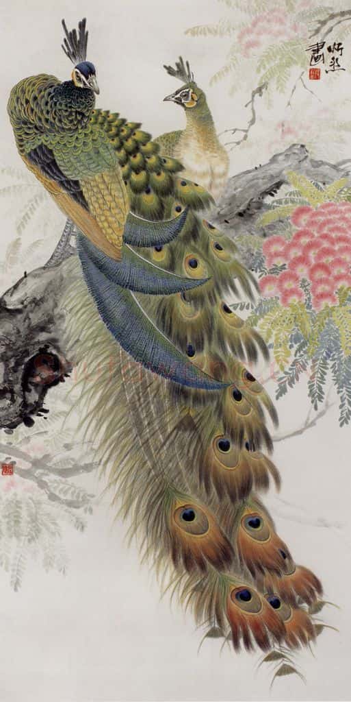 1987年 段忻然《孔雀》书画作品