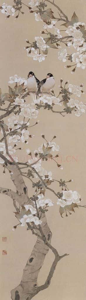 1959年 陈之佛《樱花小鸟》书画作品
