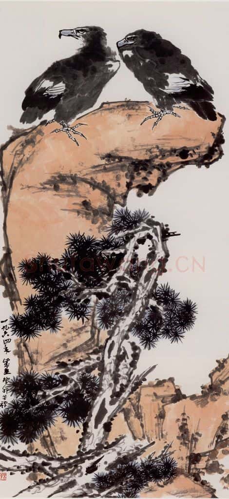 1964年 李苦禅 松崖双鹫 书画作品