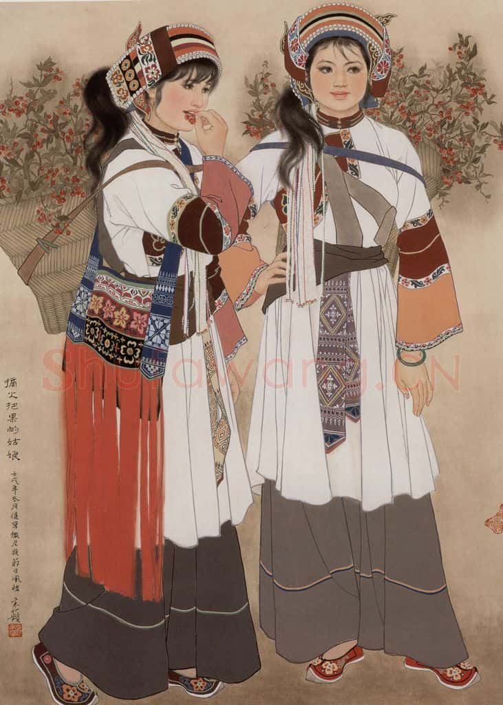 1982年 蒋采苹《摘火把果的姑娘》书画作品