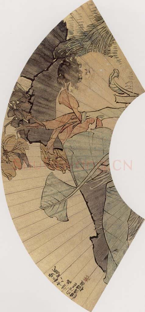 1869年 任伯年《花下潜猫》书画作品