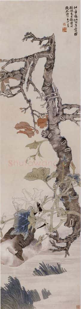 1870年 任伯年《新秋浴鹅》书画作品
