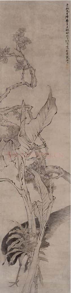 1871年 任伯年《孔雀芭蕉图》书画作品