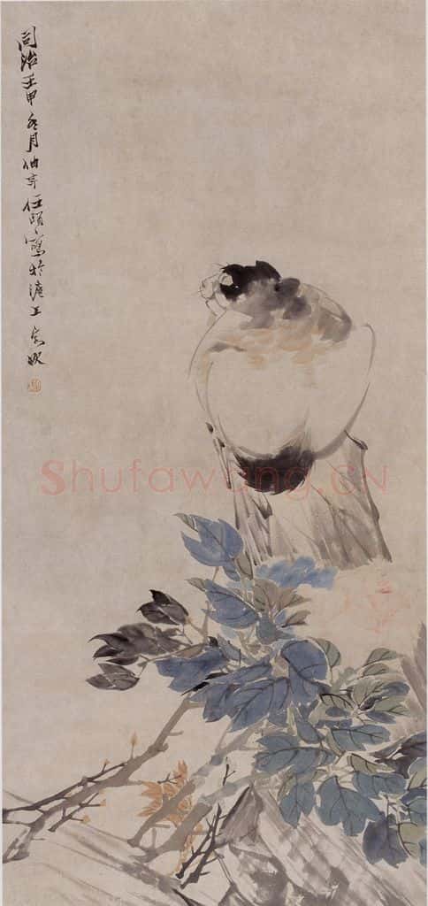 1872年 任伯年《牡丹猫石图》书画作品