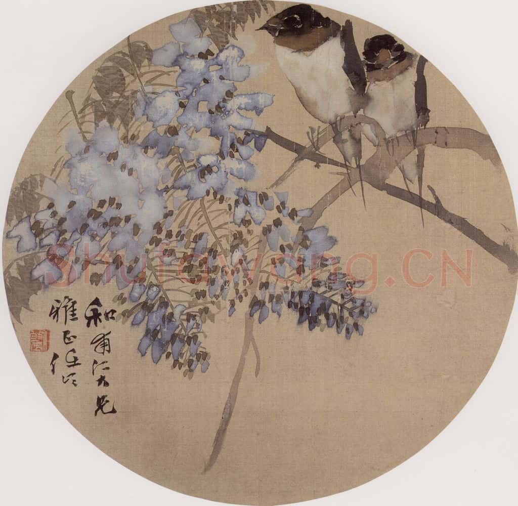 约19世纪70年代初期 任伯年《紫藤双燕》书画作品
