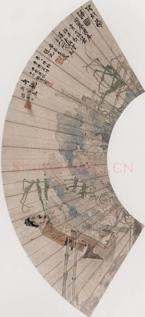 1873年 任伯年《茂叔爱莲图》书画作品