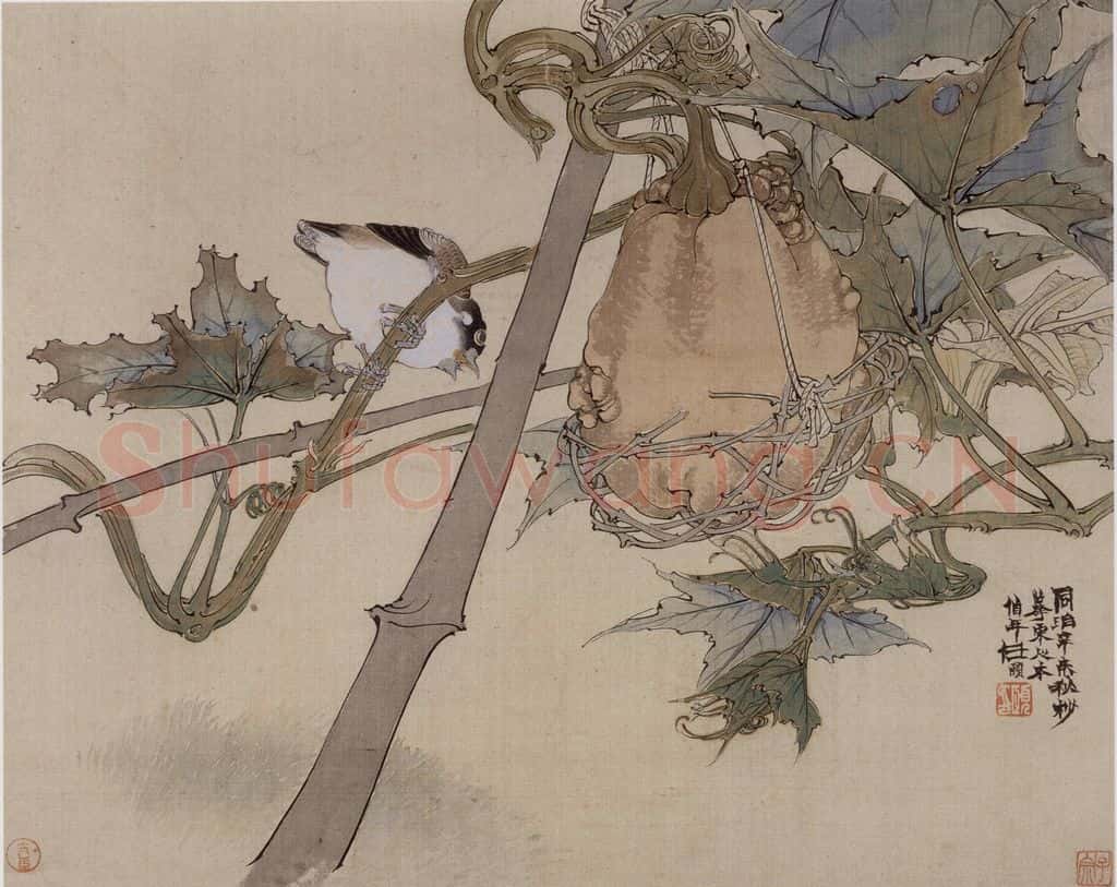 1871年 任伯年《瓜禽图》书画作品