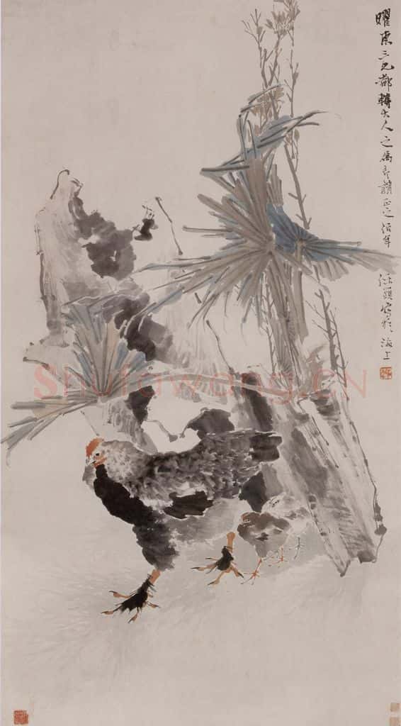 约19世纪70年代初期 任伯年《子母鸡图》书画作品
