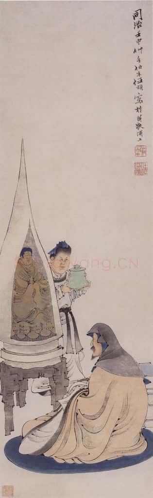 1872年 任伯年《礼佛图》书画作品