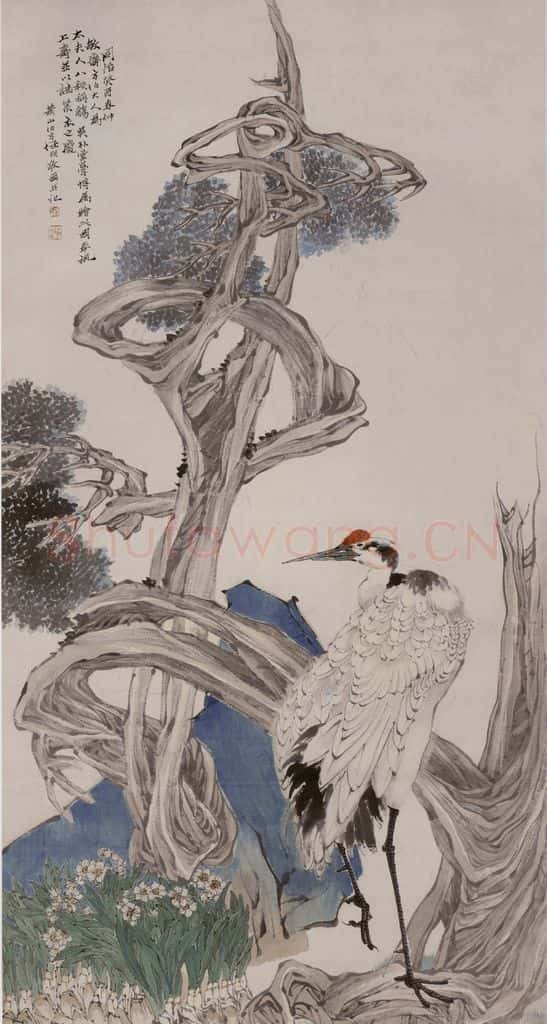 1873年 任伯年《松鹤寿柏图》书画作品