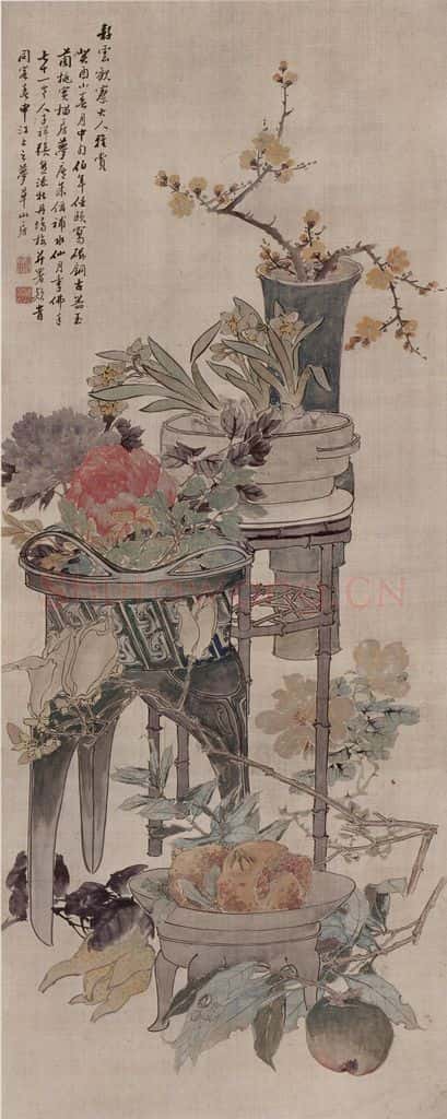 1873年 任伯年《清供图》书画作品