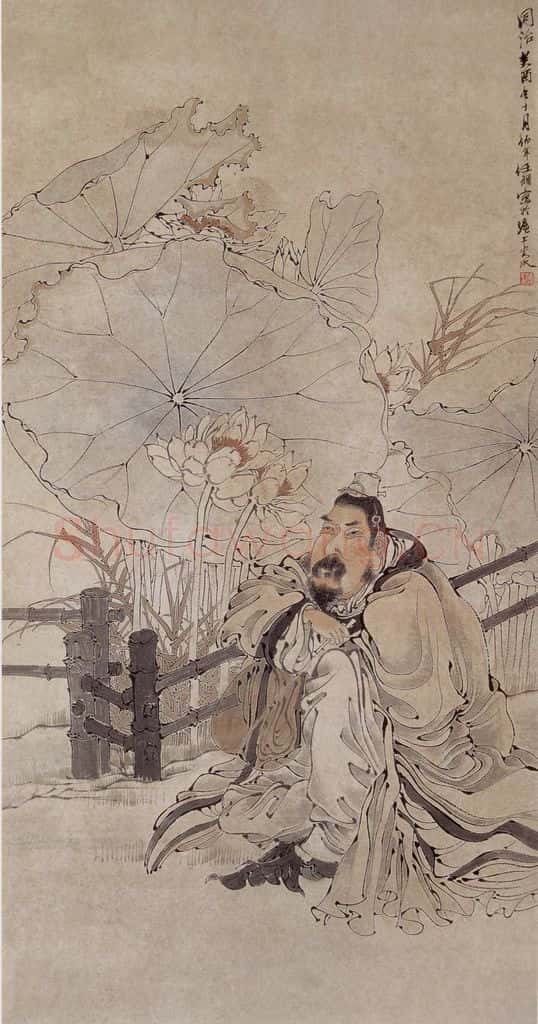 1873年 任伯年《爱莲图》书画作品