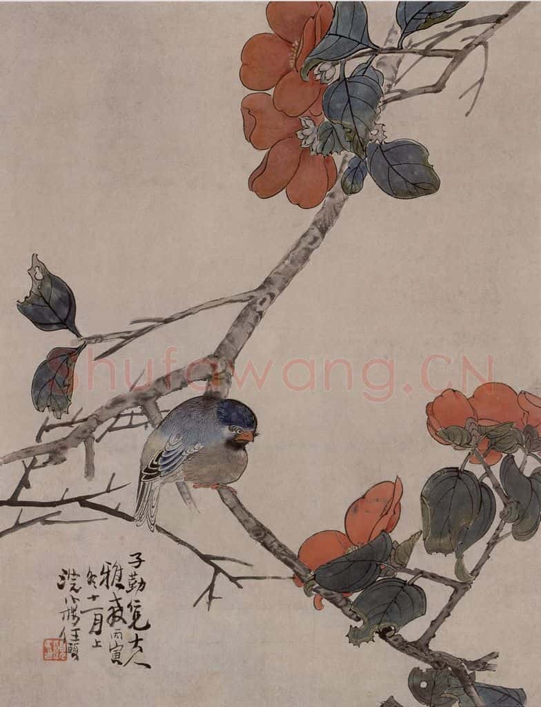 1866年 任伯年《茶花小雀》书画作品