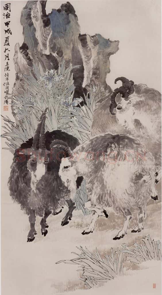 1874年 任伯年《三羊开泰》书画作品