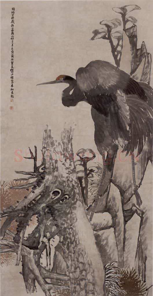 1867年 任伯年《松鹤芝石图》书画作品