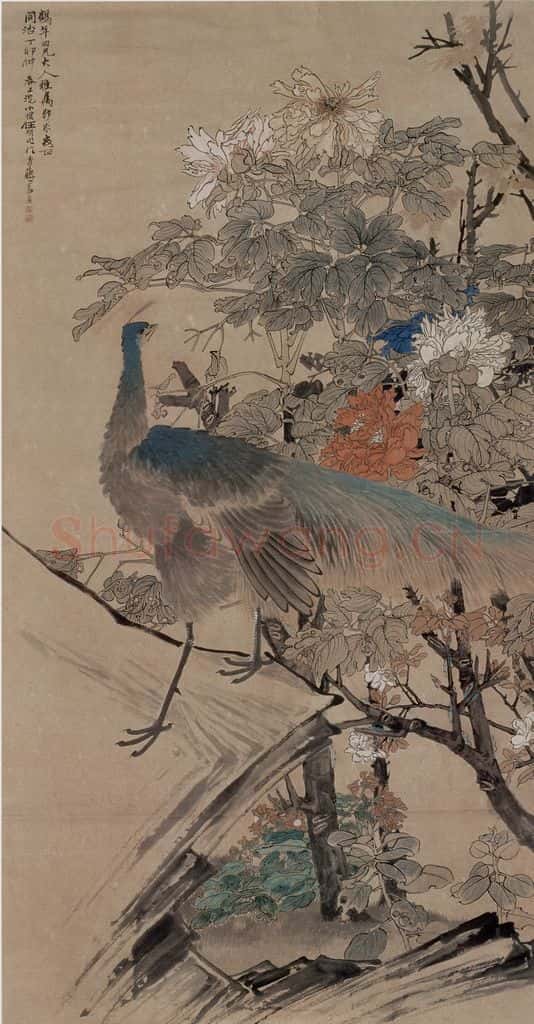 1867年 任伯年《孔雀牡丹图》书画作品