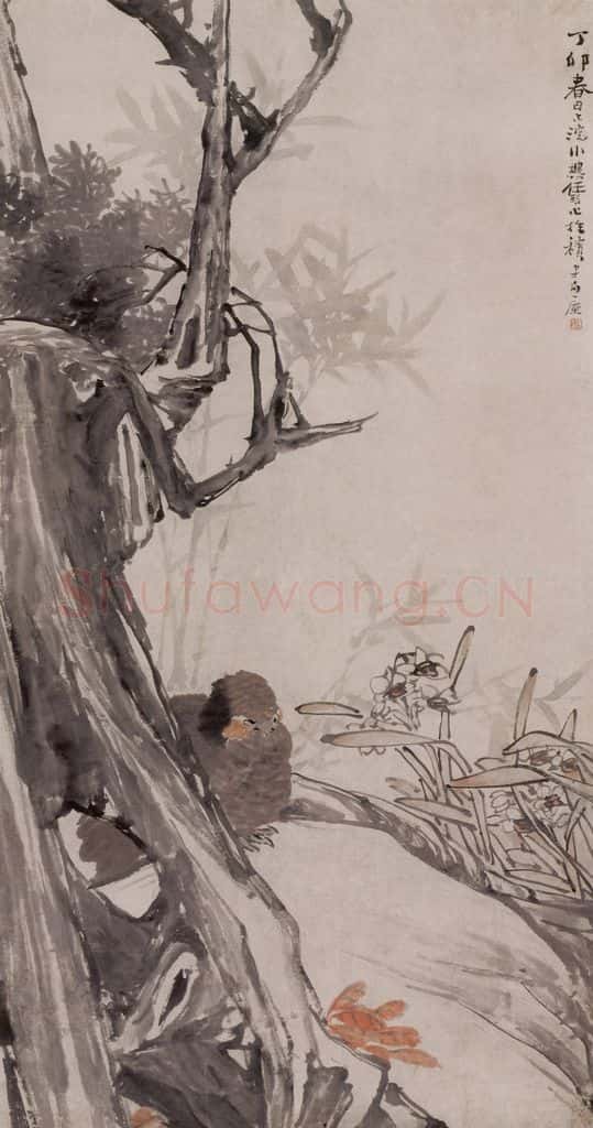 1867年 任伯年《仙竹伏鸡》书画作品