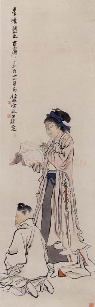 1867年 任伯年《授书图》书画作品