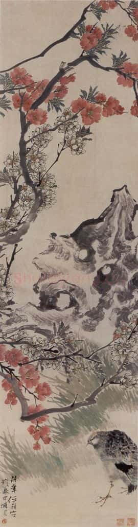 约19世纪70年代中期 任伯年《桃梨鹌鹑图》书画作品
