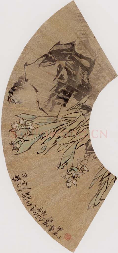 1877年 任伯年《水仙小鸟》书画作品