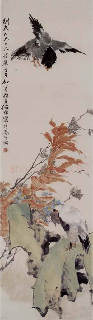 1877年 任伯年《秋卉双鸽图》书画作品