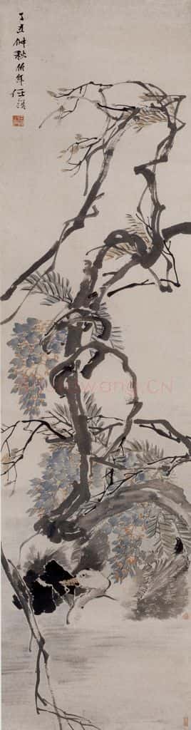 1877年 任伯年《紫藤双鸭图》书画作品