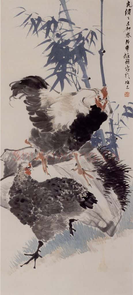 1877年 任伯年《竹鸡图》书画作品