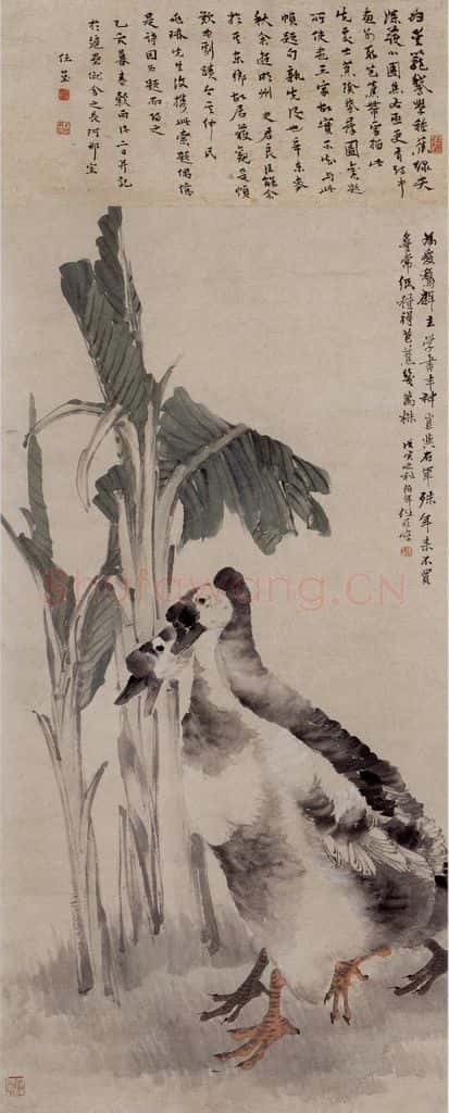 1878年 任伯年《蕉阴鹅群》书画作品