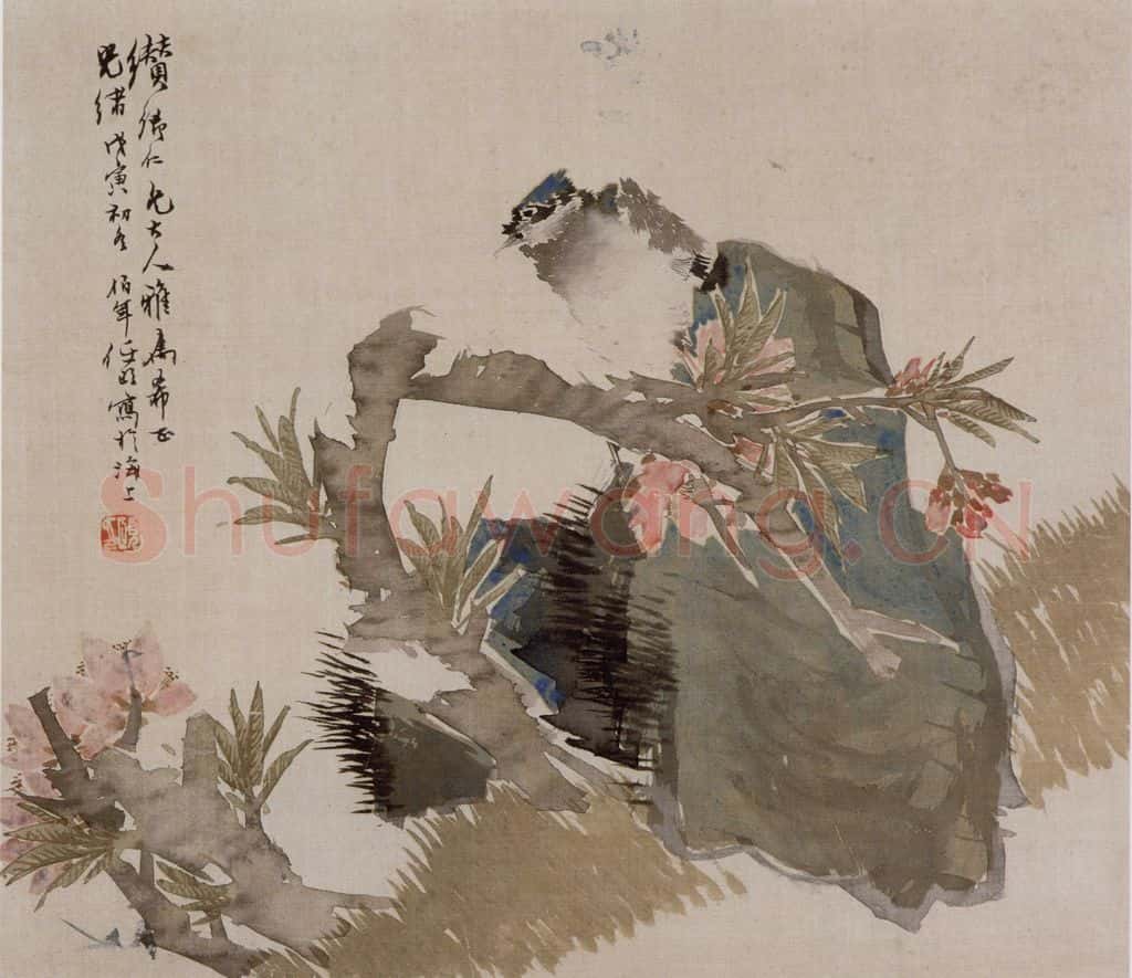 1878年 任伯年《桃花鸟石图》书画作品