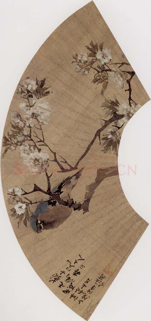 1874年 任伯年《海棠鹦鹉》书画作品