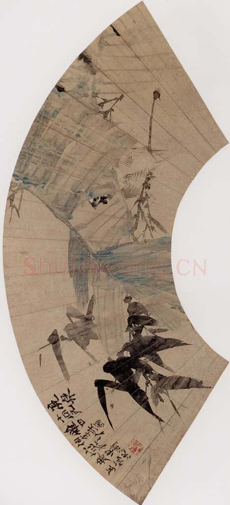 约19世纪70年代末期 任伯年《竹蕉小雀》书画作品