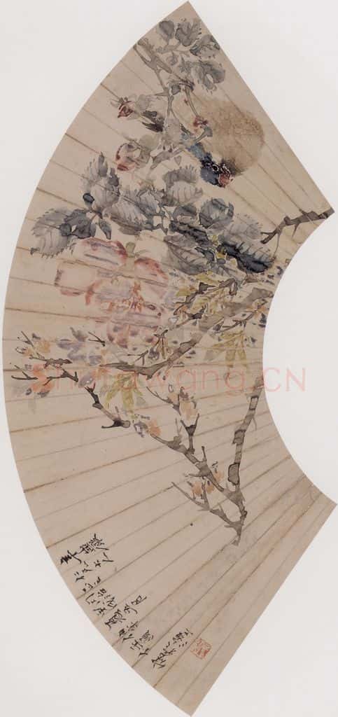 1874年 任伯年《花枝蜡嘴图》书画作品