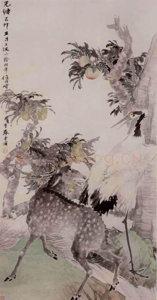 1879年 任伯年《绥山鹤鹿图》书画作品