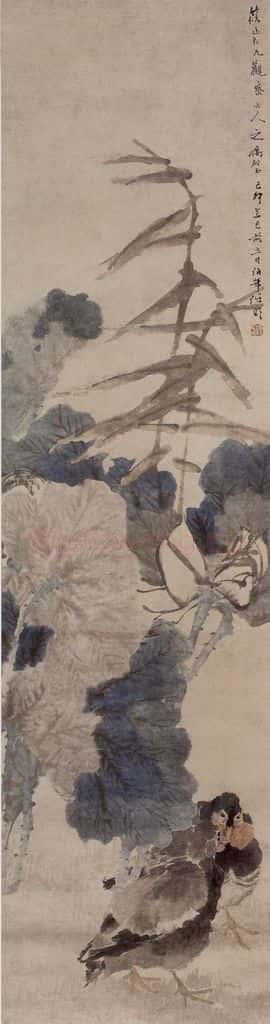 1879年 任伯年《芙蓉双鸡图》书画作品
